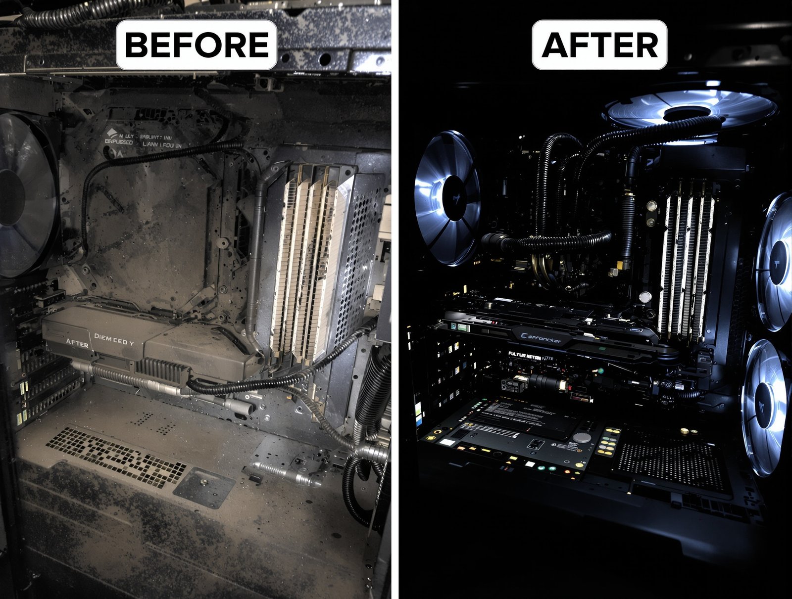 Interior de una PC antes y después de la limpieza profunda